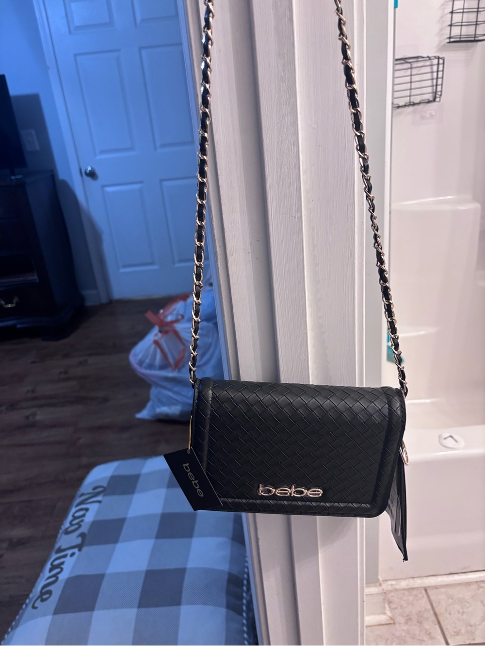 bebe Black Quilted Crossbody with Gold Chain